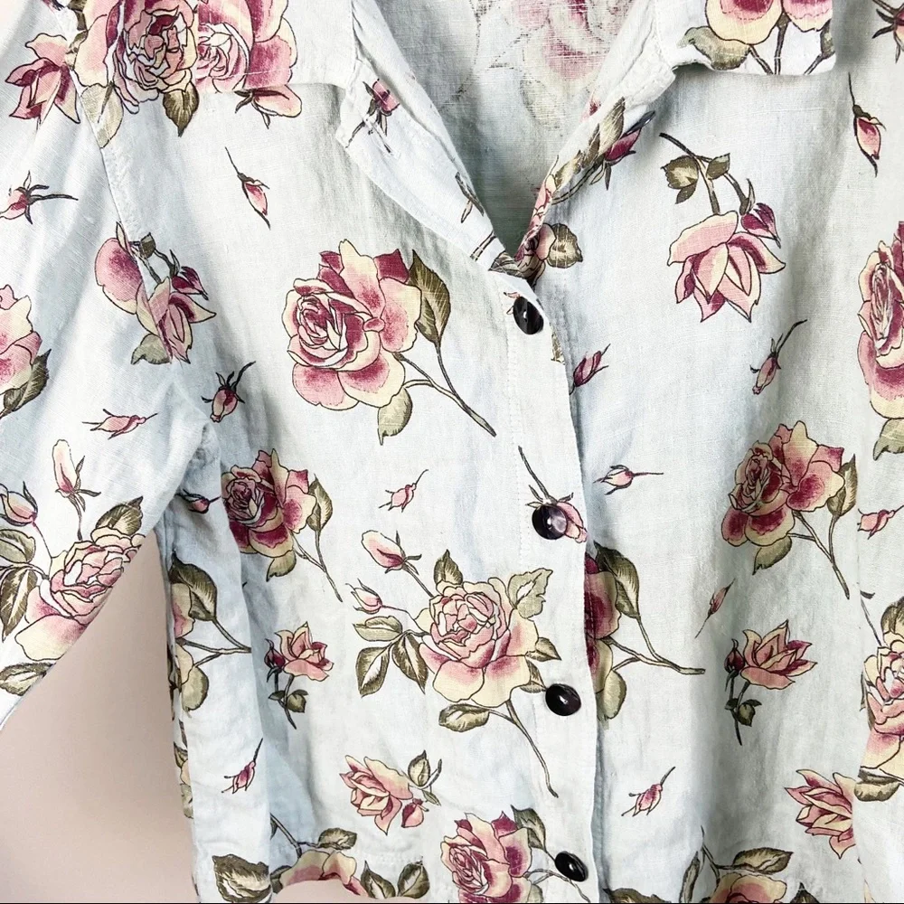 Vintage 90's Garron Resort Mint Floral Linen Button Down Blouse - Picture 4 of 5